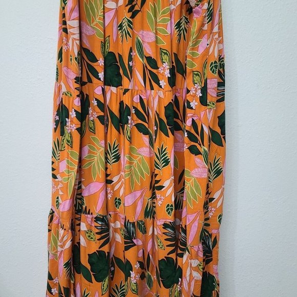 Eloquii Tiered Long Skirt Plus Size 26/28 Tropical Floral Print Orange Green - Picture 3 of 8